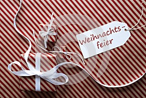 Two Gifts With Label, Weihnachtsfeier Means Christmas Party