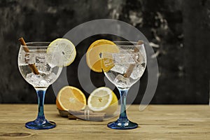 Two gin tonics with orange, lemon and cinnamon