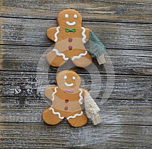 Two gingerbread cookies with Christmas trees