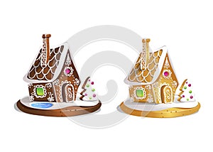 Two gingerbread houses. Cute hand drawn honey cakes. Traditional sweet Christmas treat. Colorful vector illustration.