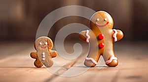 Two gingerbread man big and small dancing on the wooden kitchen table