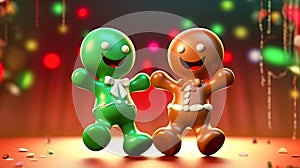 Two gingerbread man dancing on the dance floor with bokeh in background