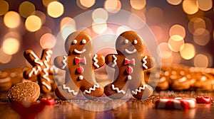 Two gingerbread man dancing on the wooden kitchen table with chriszmas sweets and colorful bokeh in the background