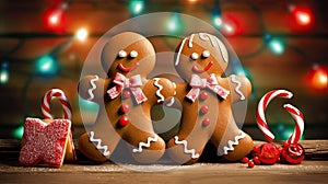 Two gingerbread man dancing on the wooden kitchen table with colorful light in the background