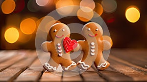 Two gingerbread men with red heart dancing on the wooden kitchen table with colorful bokeh in the background