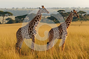 Two Giraffes Amidst the African Savannah. AI Generated