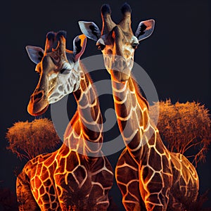 Two giraffes in lovely warm colors giraffe heads at night