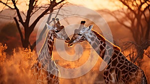 Two giraffes in the savanna at sunset, South Africa AI Generative