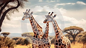 Two giraffes standing next to each other in a field with trees and a sky with clouds in the background. Generative AI