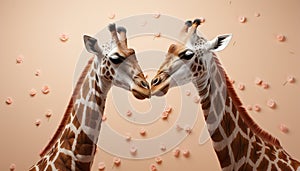 Two giraffes standing in the savannah, looking at camera generated by AI