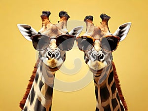 Two giraffes in sunglasses on a yellow background. funny cool African animal portrait, generative ai