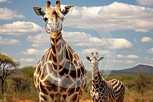 Two Giraffes in the Tsavo East National Park, Kenya, Giraffe and Plains zebra in Kruger National Park, South Africa, AI Generated