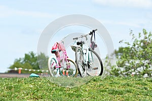 Two girl bicycles on a green meadow.