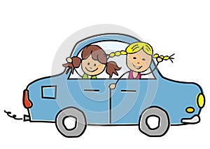 Two girl at car, funny vector illustration