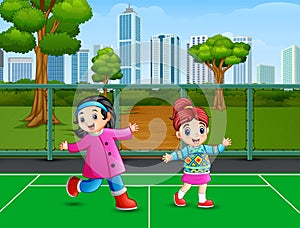 Two girl cartoon dancing on the court