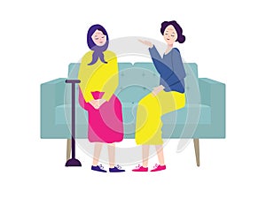 two girl elderly senior retired age and wearing casual clothes sitting in sofa modern decor elegance comfortable