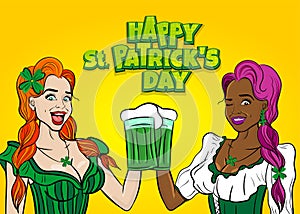 Two girl hold beer ale glass patrick day