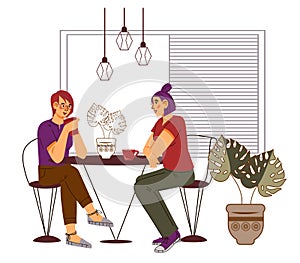 Two girlfriends chatting at a table in a restaurant or coffee shop, vector