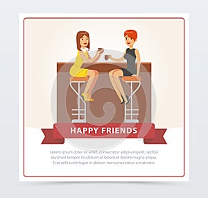Two girlfriends drinking coffee n cafe, happy friends banner flat vector element for website or mobile app