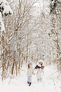 Two girlfriends playing in a winter forest.