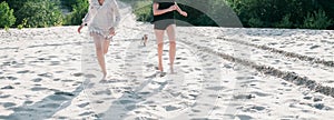 Two girlfriends run with a small dog along the sand on the beach in summer