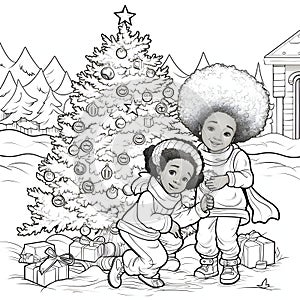 Two girls with afro hair, Christmas tree and presents. Black and White coloring sheet. Xmas tree as a symbol of Christmas of the