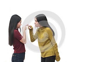 Two girls are angry and pointing faces