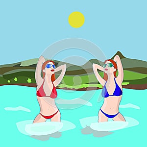 Two girls bathe in the river, on a white background.