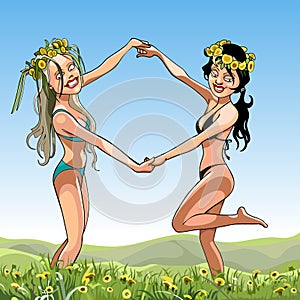 Two girls in bathing suits with wreaths on their heads dancing in the meadow