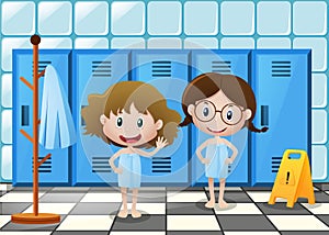 Two girls in bathtowel standing in locker room