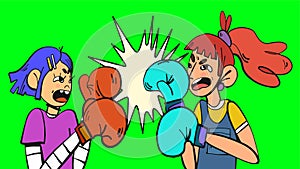 Two girls boxing, conflict concept. Illustration in doodle cartoon style