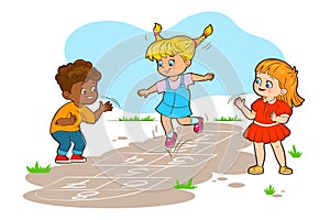 Two girls and a boy are jumping playing hopscotch. Vector illustration in cartoon style, black and white lines