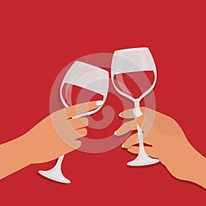 Two Girls Clinking Wine Glasses Over Red Background, Illustration, Closeup