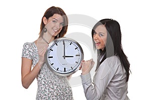 Two girls with a clock