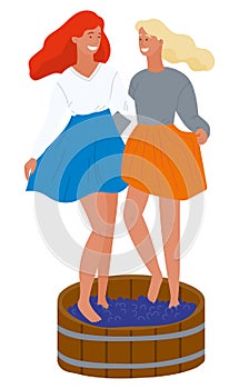 Two Girls Crushing Grapes with Feet Vector Image