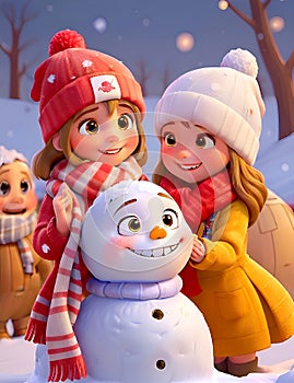 Two Girls are Decorating a Snowman Bringing it to Life. Ai generated