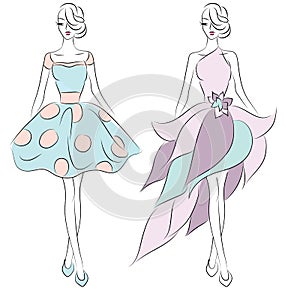 Two girls in delicate dresses fashion sketch