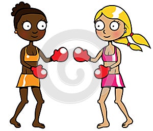 Two girls of different ethnicity boxing