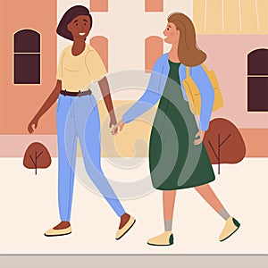 Two girls of different races walk together holding hands. Vector illustration
