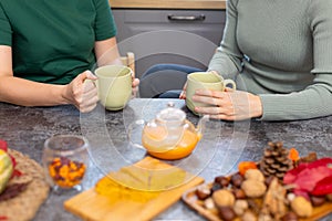 Two girls drink delicious, fragrant tea with a pie.