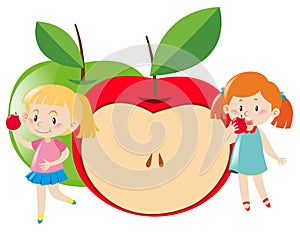 Two girls eating apple