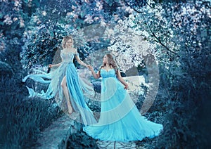 Two girls in fairy-blue, flying dresses in the wind, are walking through the spring garden. Two loving sisters of
