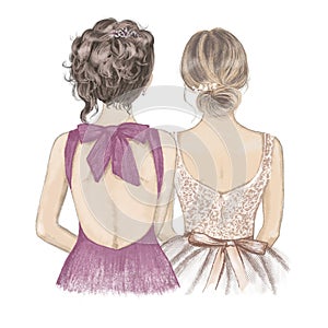 Two girls in fancy dresses side by side, back view. Soul sisters, maid of honor, bridesmaid