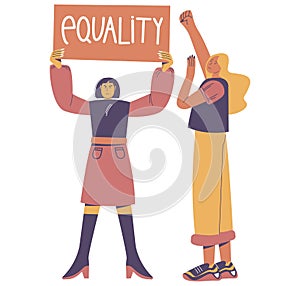 Two girls feminists with Equality placard, raised fist. Women Equality Day, feminism, vector illustration.