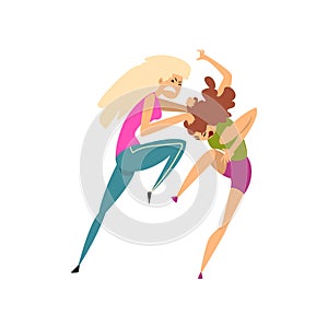 Two girls fighting and quarrelling, aggressive and violent behavior vector Illustration on a white background