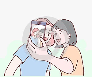 Two girls friends are taking selfie by her mobile phone. Hand drawn