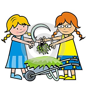 Two girls on the garden, vector illustration
