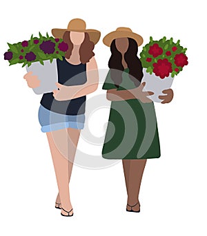 Two girls gardeners with buckets of flowers, color illustration