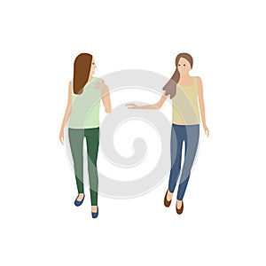 Two girls go and talk. Young women in summer clothes chatting. Conversation of two people walking.