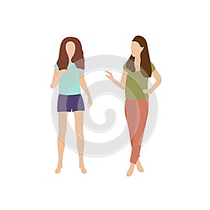 Two girls go and talk. Young women in summer clothes chatting. Conversation of two people walking. People talk